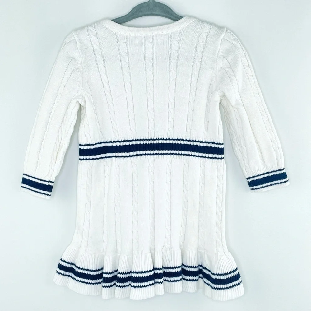 Baby Gap Ivory Frost Navy Cable Knit Long Sleeve Dress Ruffle Hem Sz 6-12 Mo